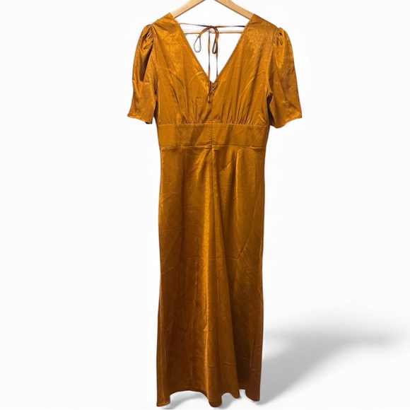 Moon River Burnt Orange Copper Midi Dress | Puff Sleeves Tie Back Size Large - Picture 6 of 8